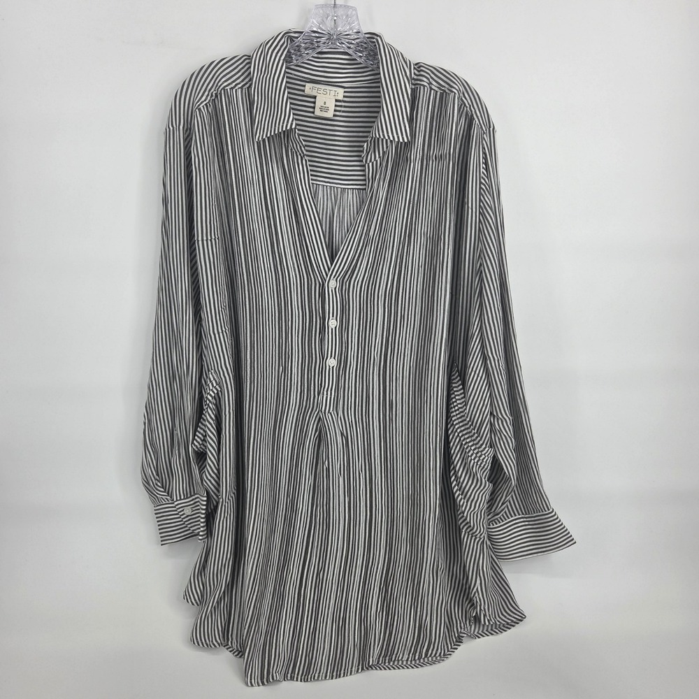 Torrid Festi Tunic 0 L 12 Black White Striped Rayon Popover Boho Office Wear